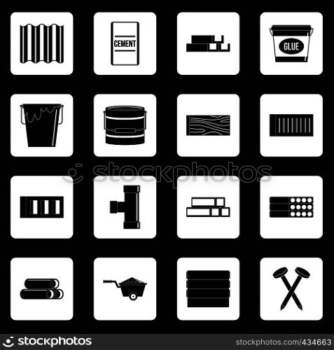 Building materials icons set in white squares on black background simple style vector illustration. Building materials icons set squares vector