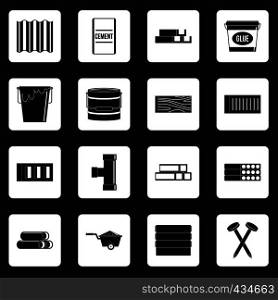 Building materials icons set in white squares on black background simple style vector illustration. Building materials icons set squares vector
