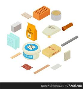 Building materials icons set. Isometric illustration of 16 building materials vector icons for web. Building materials icons set, isometric style