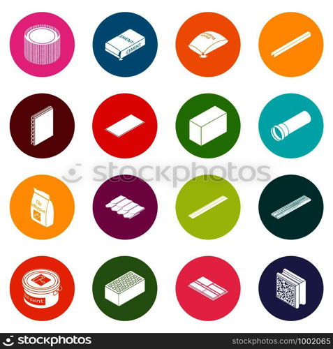 Building materials icons set vector colorful circles isolated on white background . Building materials icons set colorful circles vector