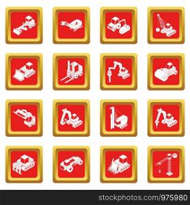 Building materials icons set vector red square isolated on white background . Building materials icons set red square vector