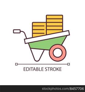 Building materials in handcart RGB color icon. Wheelbarrow. Home improvement and renovation. Isolated vector illustration. Simple filled line drawing. Editable stroke. Arial font used. Building materials in handcart RGB color icon
