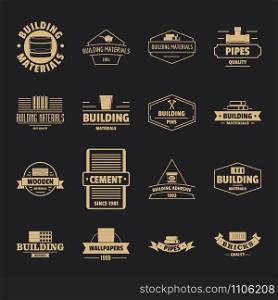 Building materials logo icons set. Simple illustration of 16 building materials logo vector icons for web. Building materials logo icons set, simple style