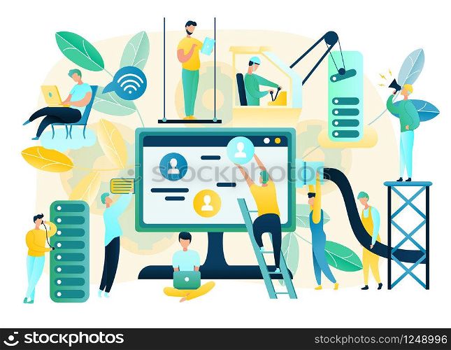 Building Modern Data Center, Setup and Support Stable Internet Connection, Bright Colors, Flat Vector Concept. User Technical Support and Computer Remote Diagnostic Service, Bug Troubleshooting Online