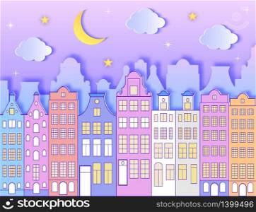 Building, moon,stars, sky and clouds. Vector illustration. Paper art style