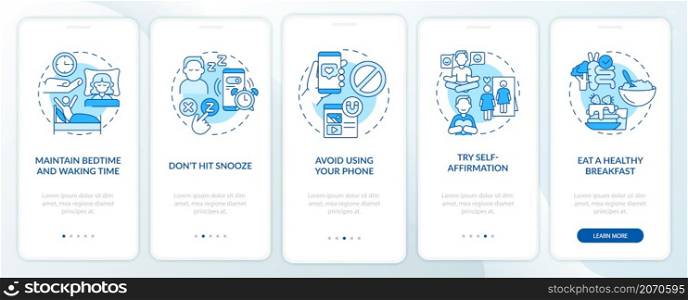 Building morning routine blue onboarding mobile app screen. Tips walkthrough 5 steps graphic instructions pages with linear concepts. UI, UX, GUI template. Myriad Pro-Bold, Regular fonts used. Building morning routine blue onboarding mobile app screen