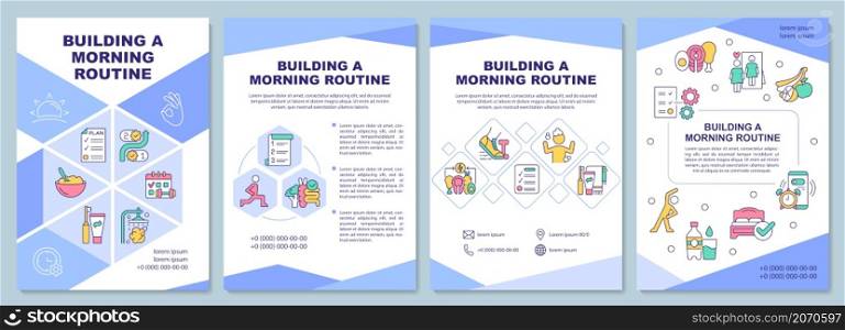 Building morning routine purple brochure template. Day start. Booklet print design with linear icons. Vector layouts for presentation, annual reports, ads. Arial-Black, Myriad Pro-Regular fonts used. Building morning routine purple brochure template