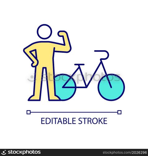 Building muscles through cycling RGB color icon. Exercising on bicycle. Cardio workout. Improving muscular endurance. Isolated vector illustration. Simple filled line drawing. Editable stroke. Building muscles through cycling RGB color icon