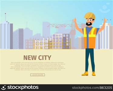 Building New City Flat Vector Web Banner with Happy Smiling Builder in Uniform and Helmet Showing Thumbs up Hand Sign on City Construction Site Background. Construction Company Landing Page Template