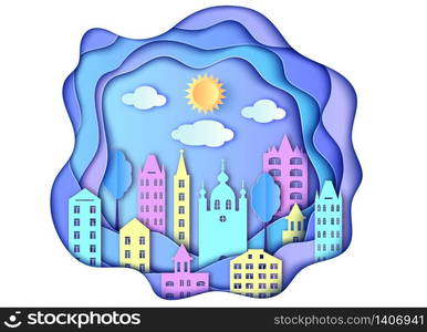 Building of city,sun and clouds. Vector illustration. Paper art style