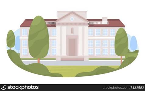 Building of college 2D vector isolated illustration. Antique university building flat object on cartoon background. Cityscape colourful editable scene for mobile, website, presentation. Building of college 2D vector isolated illustration