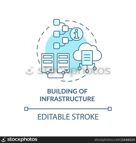 Building of infrastructure turquoise concept icon. Function of information sector abstract idea thin line illustration. Isolated outline drawing. Editable stroke. Arial, Myriad Pro-Bold fonts used. Building of infrastructure turquoise concept icon