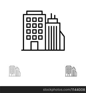 Building, Office, Tower, Head office Bold and thin black line icon set