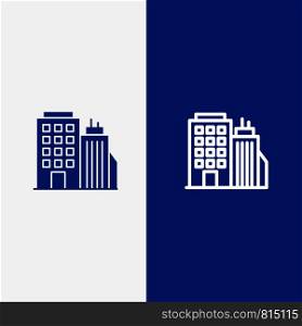 Building, Office, Tower, Head office Line and Glyph Solid icon Blue banner Line and Glyph Solid icon Blue banner