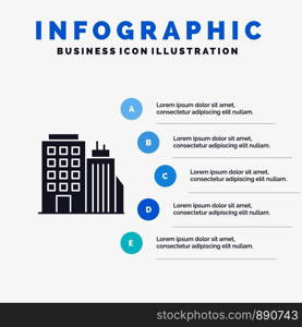 Building, Office, Tower, Head office Solid Icon Infographics 5 Steps Presentation Background