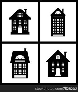 Building old fashioned houses silhouettes set vector. Cut out of homes, urban construction in vintage flat style. Colorless isolated icons of estates. Building Old Fashioned Houses Silhouettes Set