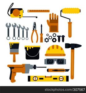 Building or repair tools, work helmet, hammer, paint gloves and other industrial vector icons set. Tools for construction, helmet and drill illustration. Building or repair tools, work helmet, hammer, paint gloves and other industrial vector icons set