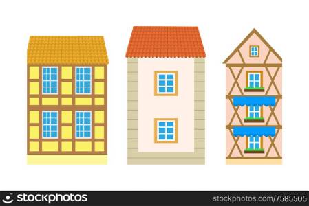 Building outside view, colorful roofs and design walls of construction with windows and balconies. Flat style exterior of residence or villa vector. Exterior of Residence or Villa, Building Vector