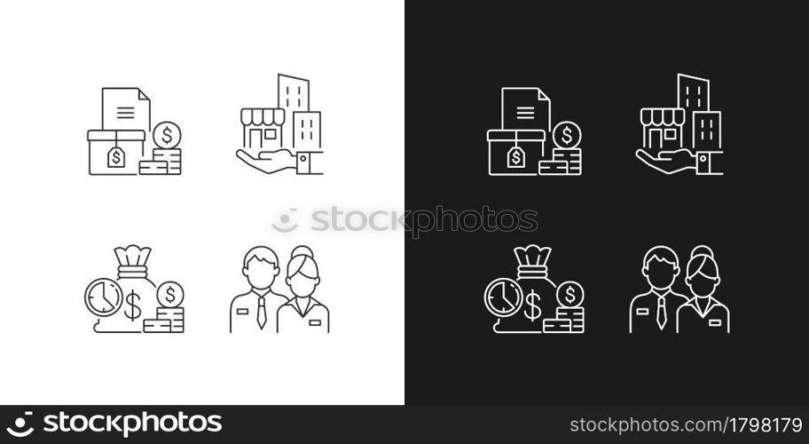 Building ownership linear icons set for dark and light mode. Account receivable. Business investment. Customizable thin line symbols. Isolated vector outline illustrations. Editable stroke. Building ownership linear icons set for dark and light mode