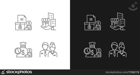 Building ownership linear icons set for dark and light mode. Account receivable. Business investment. Customizable thin line symbols. Isolated vector outline illustrations. Editable stroke. Building ownership linear icons set for dark and light mode