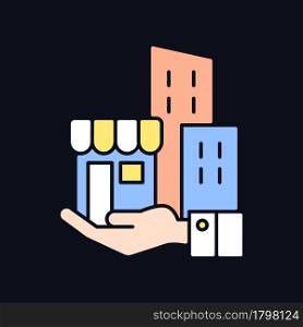 Building ownership RGB color icon for dark theme. Real estate business. Private property. Company assets. Isolated vector illustration on night mode background. Simple filled line drawing on black. Building ownership RGB color icon for dark theme