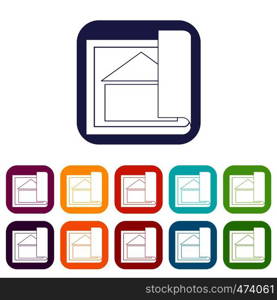 Building plan icons set vector illustration in flat style In colors red, blue, green and other. Building plan icons set