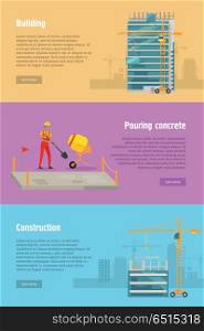 Building. Pouring Concrete. Construction. Vector. Building. Pouring concrete. Construction. Stages of house building. Construction of residential houses banners set. Big building dormitory area. Icons of construction machinery. Vector illustration