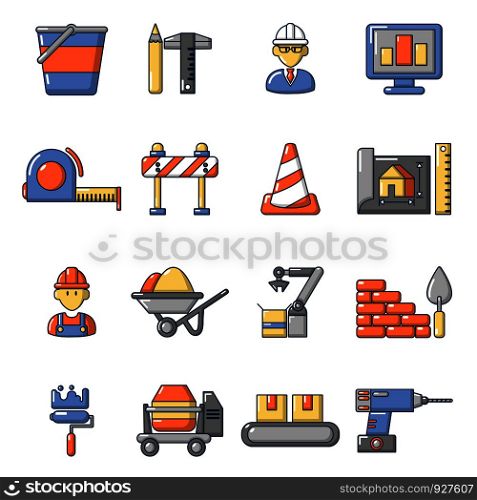 Building process icons set. Carrtoon illustration of 16 building process vector icons for web. Building process icons set, cartoon style