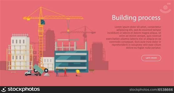 Building Process. Unfinished Building. Crane.. Building process. Web construction site. Cartoon design. Two high industrial cranes lifting heavy elements. Truck near two builders holding long girder. Truck unload sand. Workers. Flat style. Vector