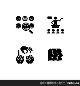 Building relationships with people black glyph icons set on white space. Reading emotions. Public communication. Hand gestures. Facial expressions. Silhouette symbols. Vector isolated illustration. Building relationships with people black glyph icons set on white space