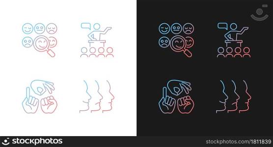Building relationships with people gradient icons set for dark and light mode. Communication. Thin line contour symbols bundle. Isolated vector outline illustrations collection on black and white. Building relationships with people gradient icons set for dark and light mode