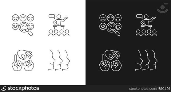 Building relationships with people linear icons set for dark and light mode. Reading emotions. Hand gestures. Customizable thin line symbols. Isolated vector outline illustrations. Editable stroke. Building relationships with people linear icons set for dark and light mode
