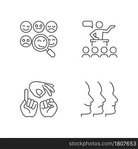 Building relationships with people linear icons set. Reading emotions. Hand gestures. Facial expressions. Customizable thin line contour symbols. Isolated vector outline illustrations. Editable stroke. Building relationships with people linear icons set