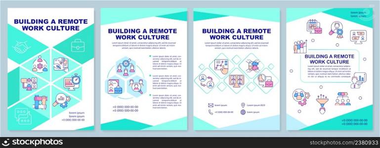 Building remote work culture mint brochure template. Online office. Leaflet design with linear icons. 4 vector layouts for presentation, annual reports. Arial-Black, Myriad Pro-Regular fonts used. Building remote work culture mint brochure template