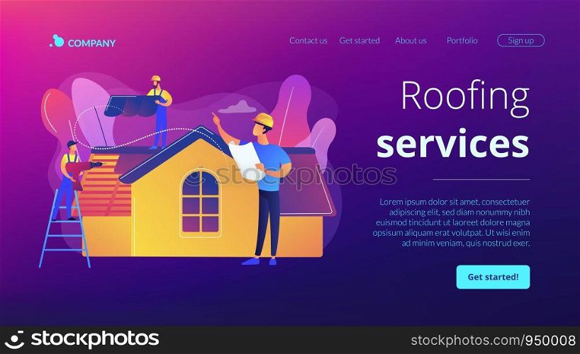 Building repair. Housetop renovation and roof reconstruction. Roofing services, roof repair support, peak roofing contractors concept. Website homepage landing web page template.. Roofing services concept landing page