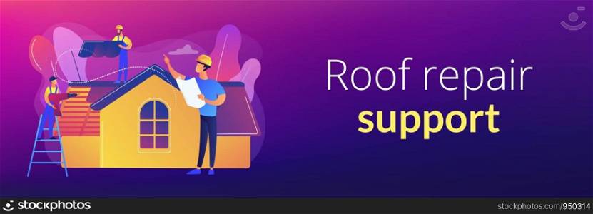 Building repair. Housetop renovation and roof reconstruction. Roofing services, roof repair support, peak roofing contractors concept. Header or footer banner template with copy space.. Roofing services concept banner header