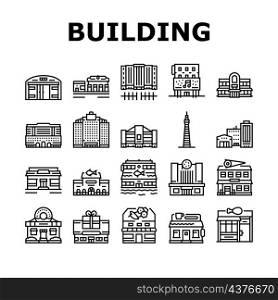 Building Restaurant And Store Icons Set Vector. Warehouse Construction And Office Skyscraper, Cinema And Gift Shop Building, Gas Petroleum Station And Tower Black Contour Illustrations. Building Restaurant And Store Icons Set Vector