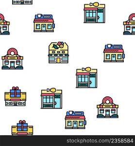 Building Restaurant And Store Vector Seamless Pattern Thin Line Illustration. Building Restaurant And Store Vector Seamless Pattern