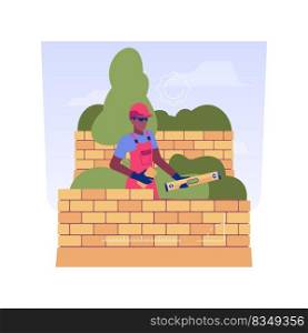 Building retaining walls isolated concept vector illustration. Repairman builds a retaining wall with a brick, landscaping construction, territory improvement, exterior works vector concept.. Building retaining walls isolated concept vector illustration.