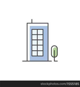 Building RGB color icon. Tall construction with apartments. Urban condominium for community living. Home near public park. Downtown district. Residence in skyscraper. Isolated vector illustration. Building RGB color icon