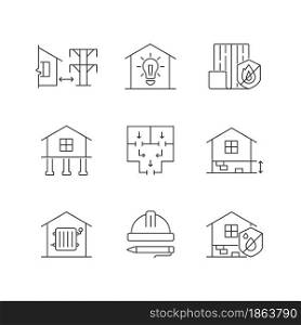 Building safety regulations linear icons set. Adequate housing. Resistance to fire. Electricity supply. Customizable thin line contour symbols. Isolated vector outline illustrations. Editable stroke. Building safety regulations linear icons set