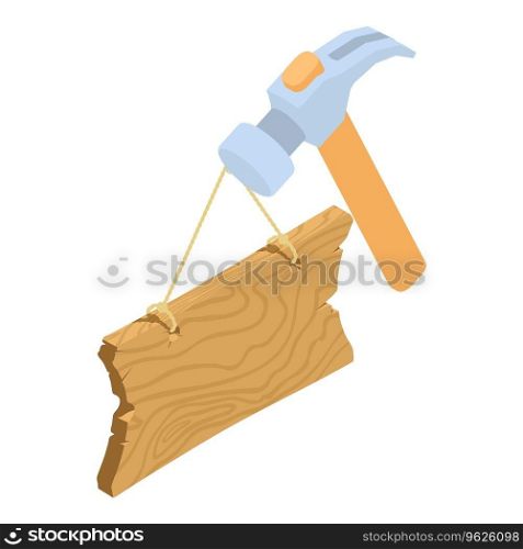 Building service icon isometric vector. Hammer nail puller and old wooden board. Construction and repair. Building service icon isometric vector. Hammer nail puller and old wooden board