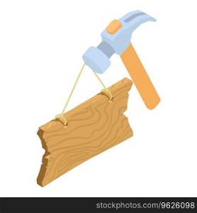 Building service icon isometric vector. Hammer nail puller and old wooden board. Construction and repair. Building service icon isometric vector. Hammer nail puller and old wooden board