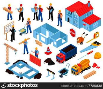 Building set of isolated construction site elements equipment and transport units with human characters of workers vector illustration. Construction Isometric Elements Set