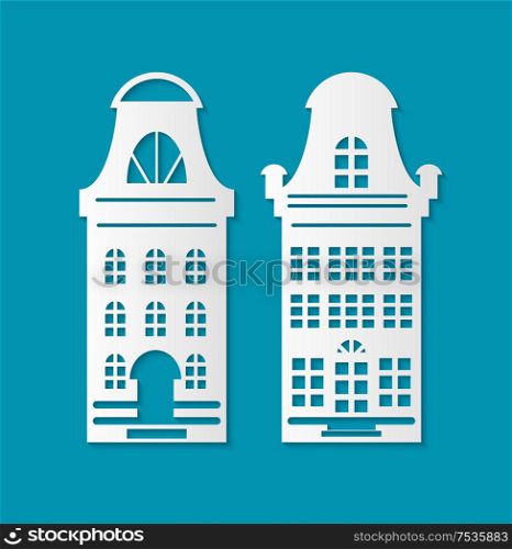 Building silhouette Christmas cutout paper cut vector set. Homes with vintage roof and old fashioned entrance. Art decoration of home at wintertime. Building Silhouette Christmas Cutout Paper Cut