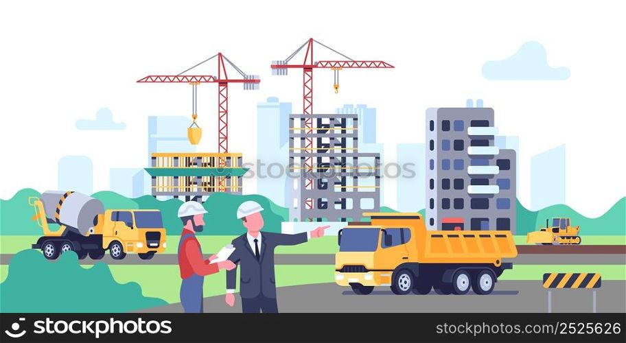 Building site. Builder and contractor in workflow. Workers consider project drawing. Skyscrapers and houses construction. Cityscape with unfinished homes and trucks. Housing development. Vector poster. Building site. Builder and contractor in workflow. Workers consider project drawing. Skyscrapers and houses construction. Housing development. Unfinished homes and trucks. Vector poster