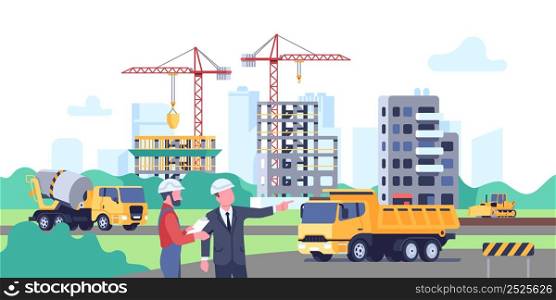 Building site. Builder and contractor in workflow. Workers consider project drawing. Skyscrapers and houses construction. Cityscape with unfinished homes and trucks. Housing development. Vector poster. Building site. Builder and contractor in workflow. Workers consider project drawing. Skyscrapers and houses construction. Housing development. Unfinished homes and trucks. Vector poster