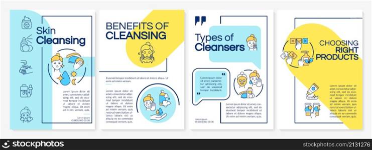 Building skincare routine blue and yellow brochure template. Booklet print design with linear icons. Vector layouts for presentation, annual reports, ads. Anton-Regular, Lato-Regular fonts used. Building skincare routine blue and yellow brochure template