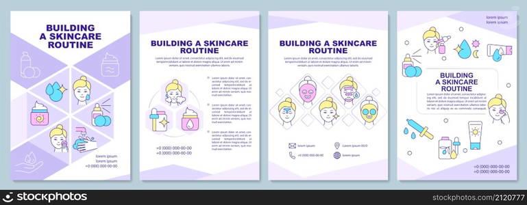 Building skincare routine purple brochure template. Booklet print design with linear icons. Vector layouts for presentation, annual reports, ads. Arial-Black, Myriad Pro-Regular fonts used. Building skincare routine purple brochure template