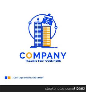 building, smart city, technology, satellite, corporation Blue Yellow Business Logo template. Creative Design Template Place for Tagline.
